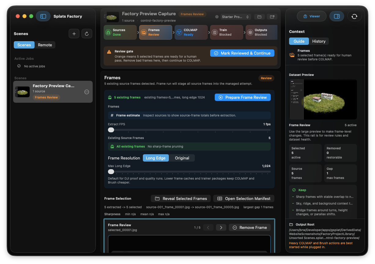 Splats Factory with a scene list and extracted video frames
