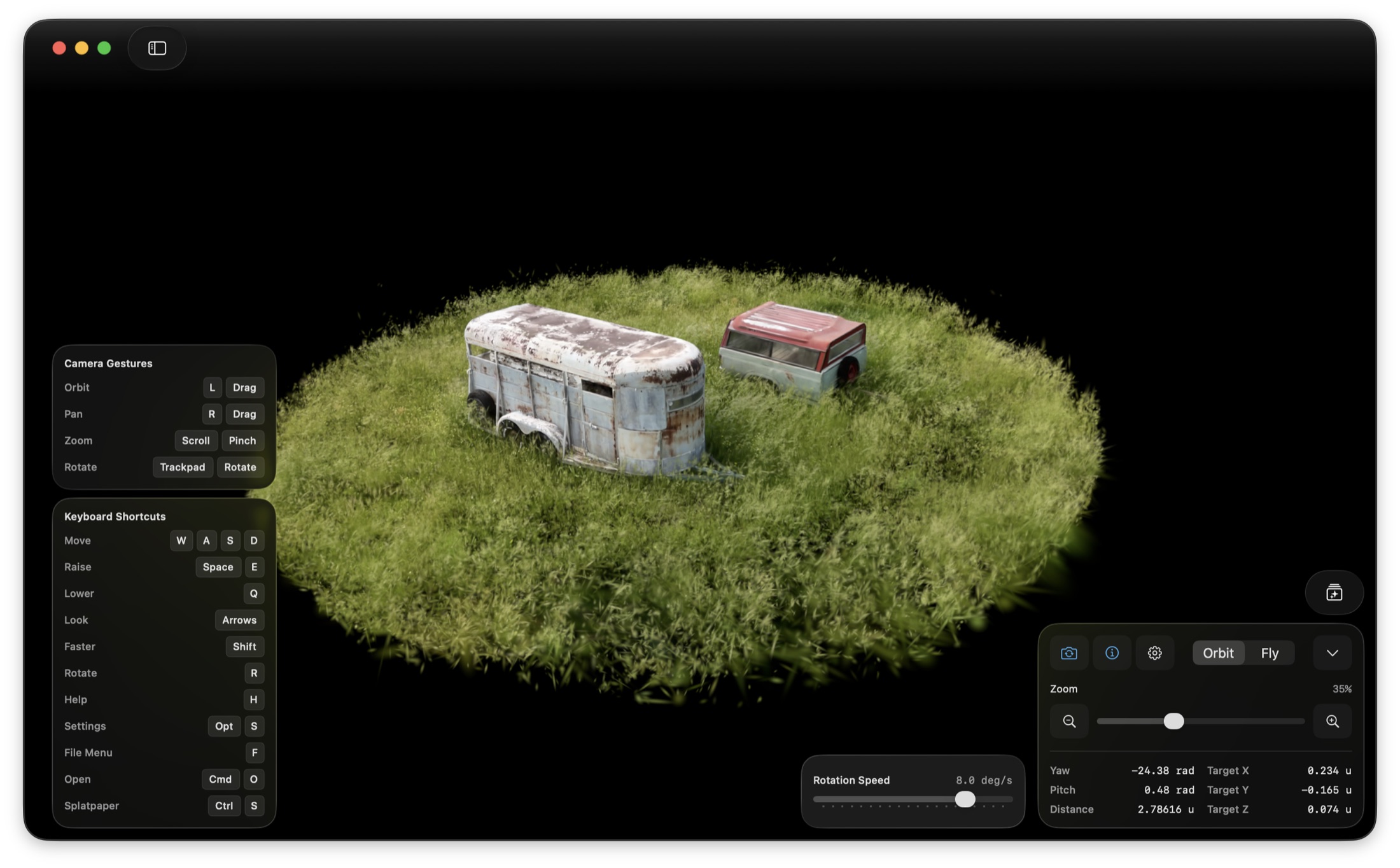 Splats showing a Gaussian splat scene with camera controls and shortcuts