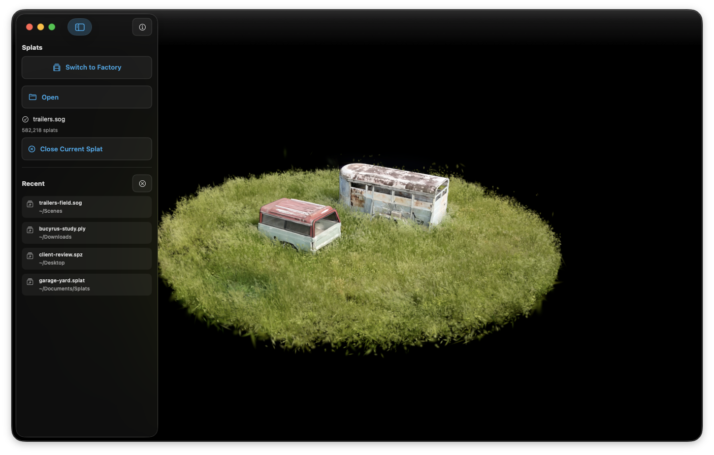 Splats file browser showing recent Gaussian splat scenes